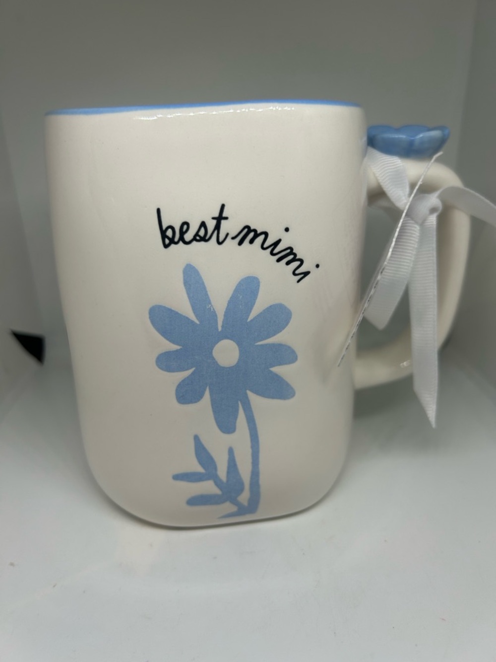 Rae Dunn White Mug with Light Blue Floral "best mimi"